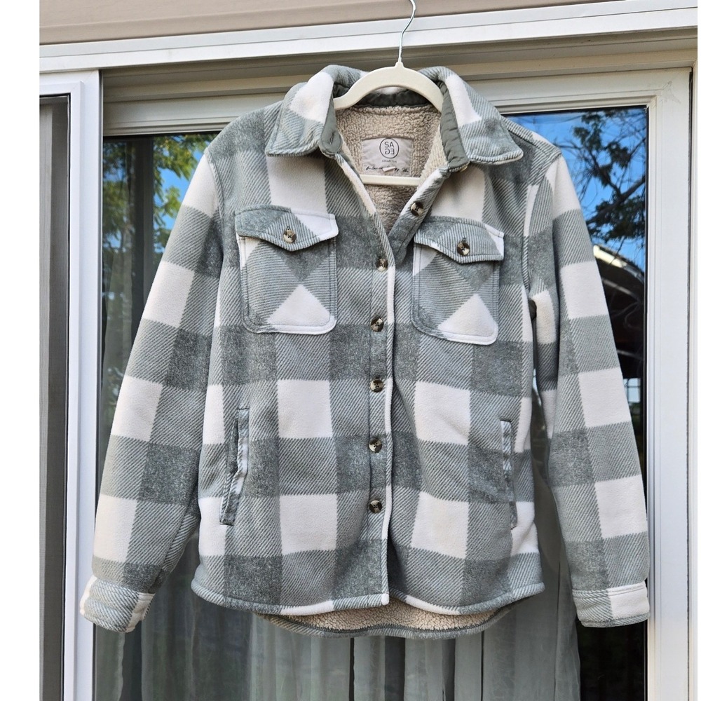 Sage Collective Buffalo Plaid Sherpa Lined Fleece Shacket Sage Green White S
